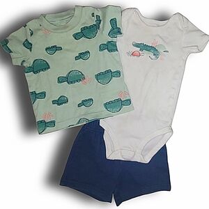 Carter's 3-Pc Baby Turtle & Alligator Bodysuit Shirt & Short Outfit Set SZ 9 Mos